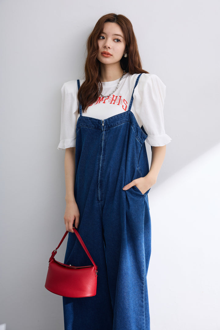 [予約/SET]ロゴパフスリーブデザインTシャツ+フロントZIPデニムサロペ(2set)