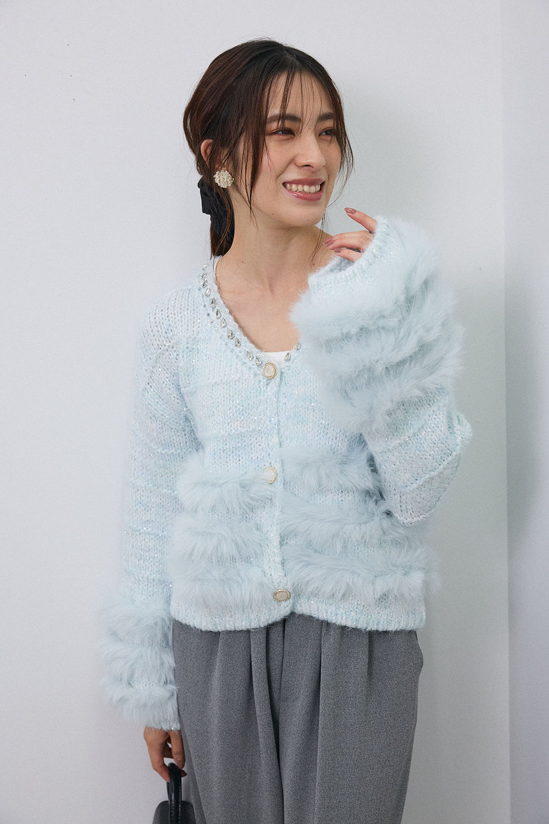 [予約/SET]ネックビジューラインファーニットカーデ+2タック美シルエットパンツ(2set)