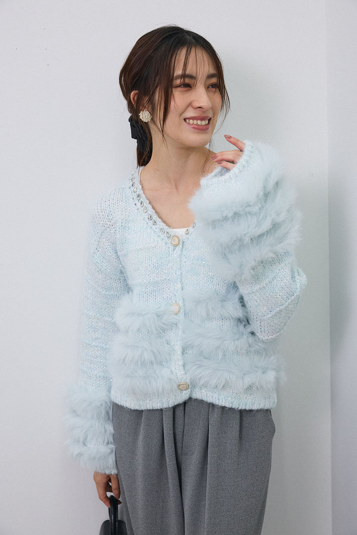 [予約/SET]ネックビジューラインファーニットカーデ+2タック美シルエットパンツ(2set)