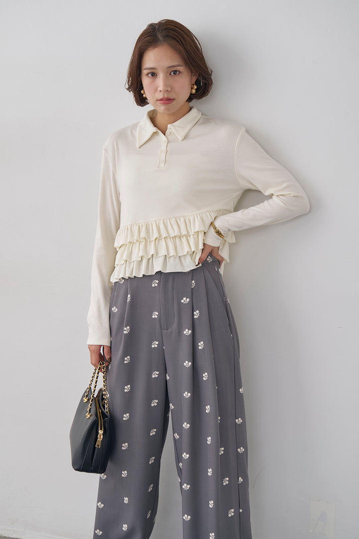 [予約/SET]フリルヘムポロカラープルオーバー+フラワー刺繍ツイルストレートパンツ(2set)