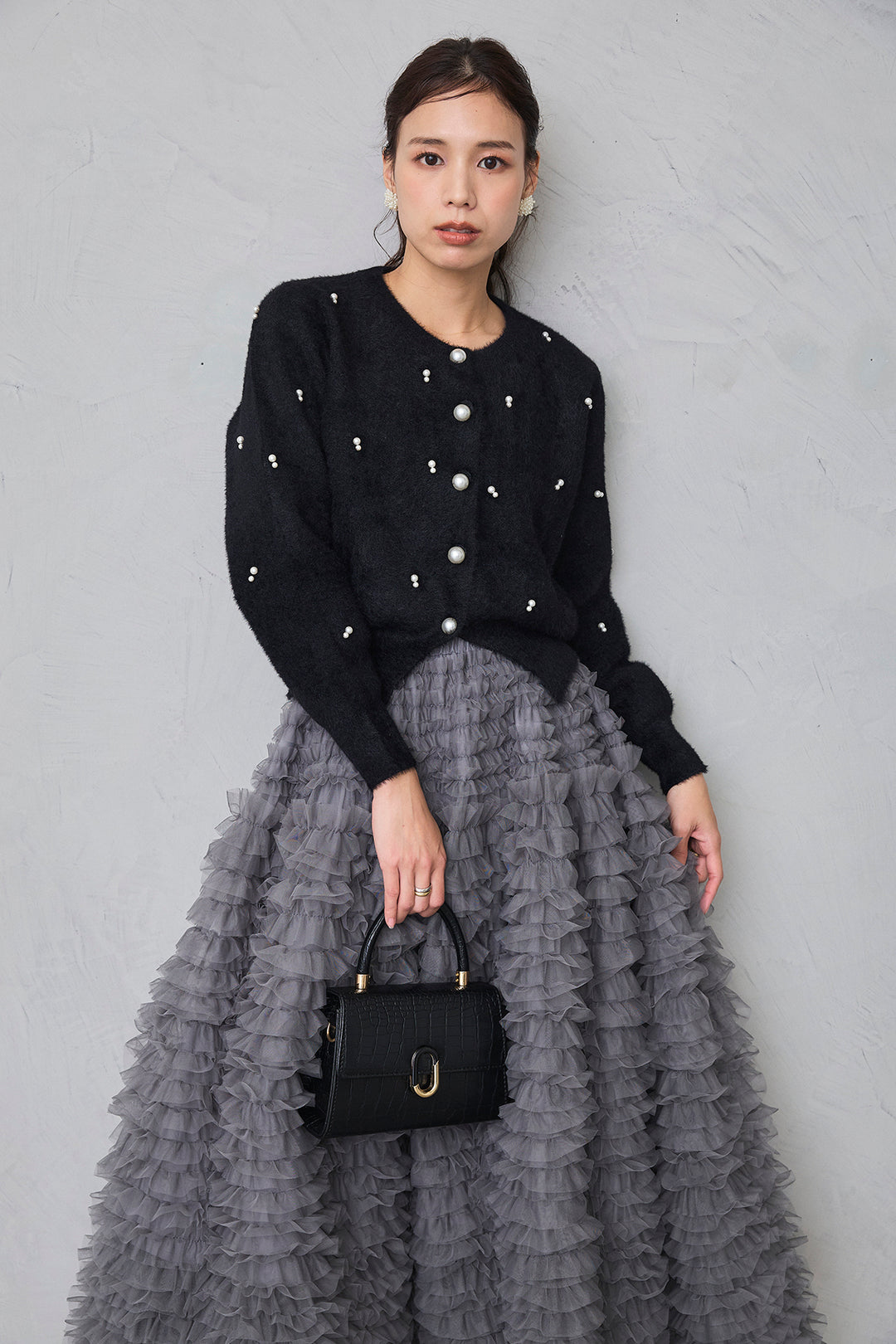 [予約/SET]ミックスパールシャギーコーディガン+ホイップチュールティアードスカート(2set)