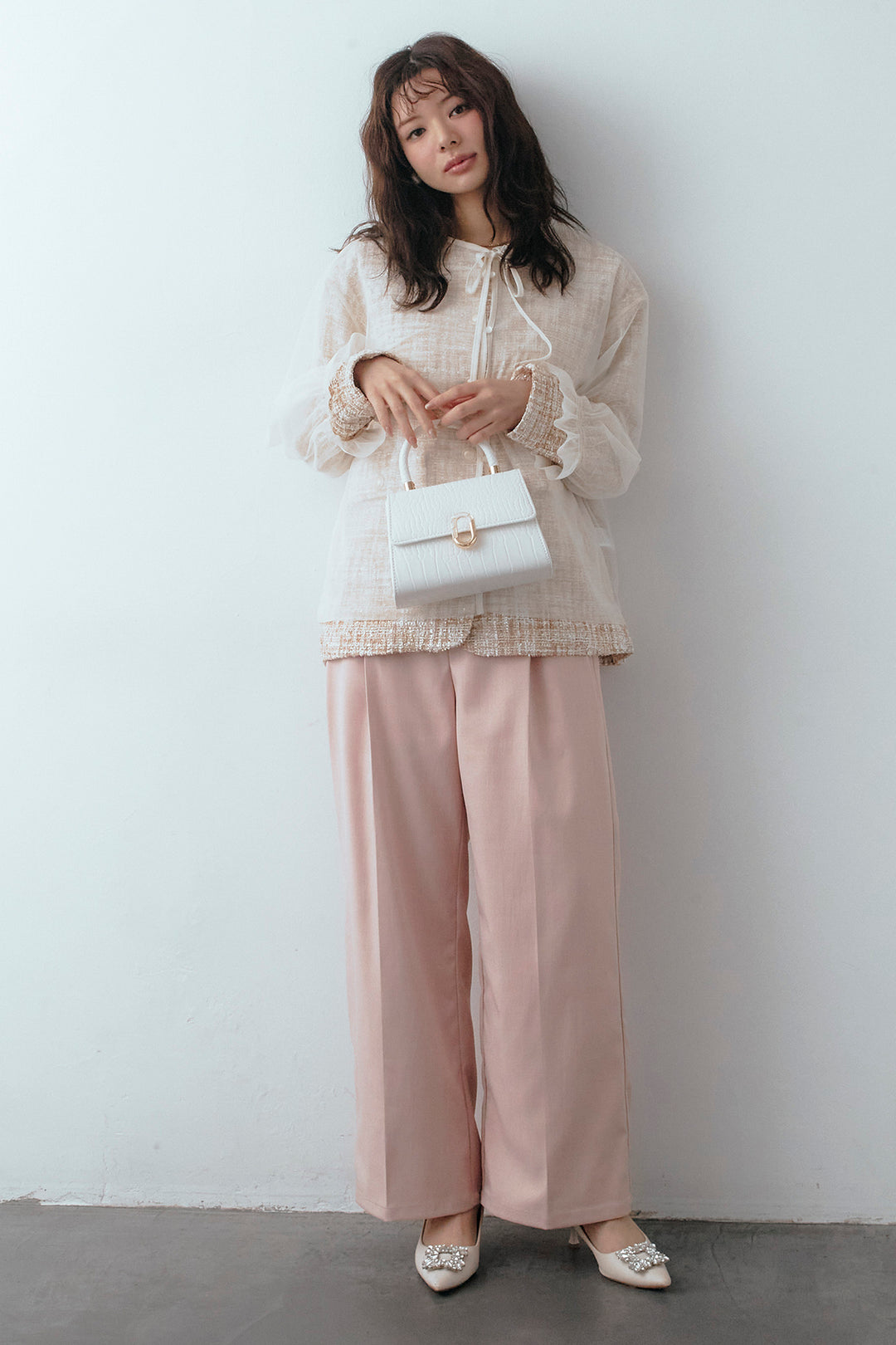 [予約/SET]2wayチュールレイヤードツイードジャケット+スプリングカラータックストレートパンツ(2set)