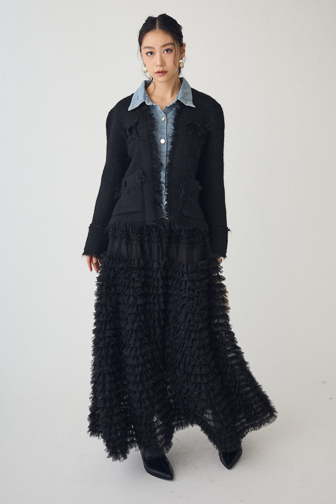 [予約/SET]デニムシャツドッキングツイードカーデ+ホイップチュールティアードスカート(2set)