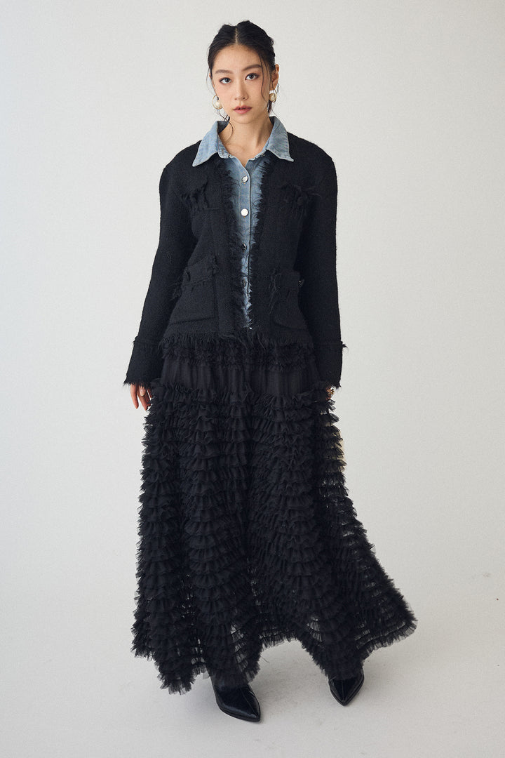 [予約/SET]デニムシャツドッキングツイードカーデ+ホイップチュールティアードスカート(2set)