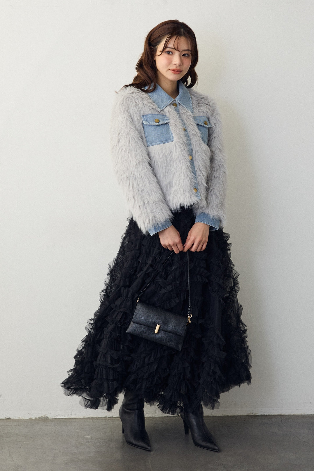 [予約/SET]デニムシャツドッキングファージャケット+スフレアシメチュールスカート(2set)