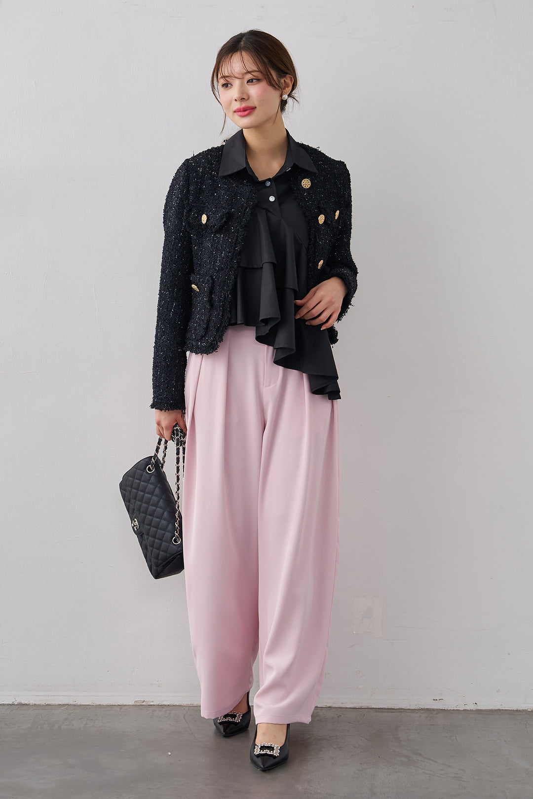 [予約/SET]フリンジツイードゴールドボタンジャケット+エステルツイルタックワイドカラーパンツ(2set)