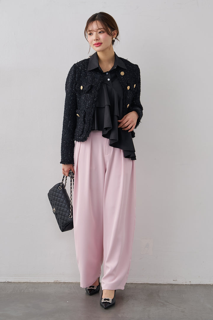 [予約/SET]フリンジツイードゴールドボタンジャケット+エステルツイルタックワイドカラーパンツ(2set)