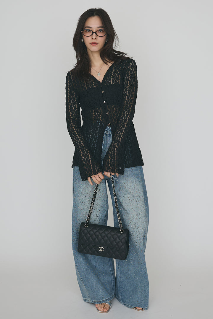 [予約/SET]カットレースフラワーVネックカーデ+ラインストーン美ラインデニム(2set)