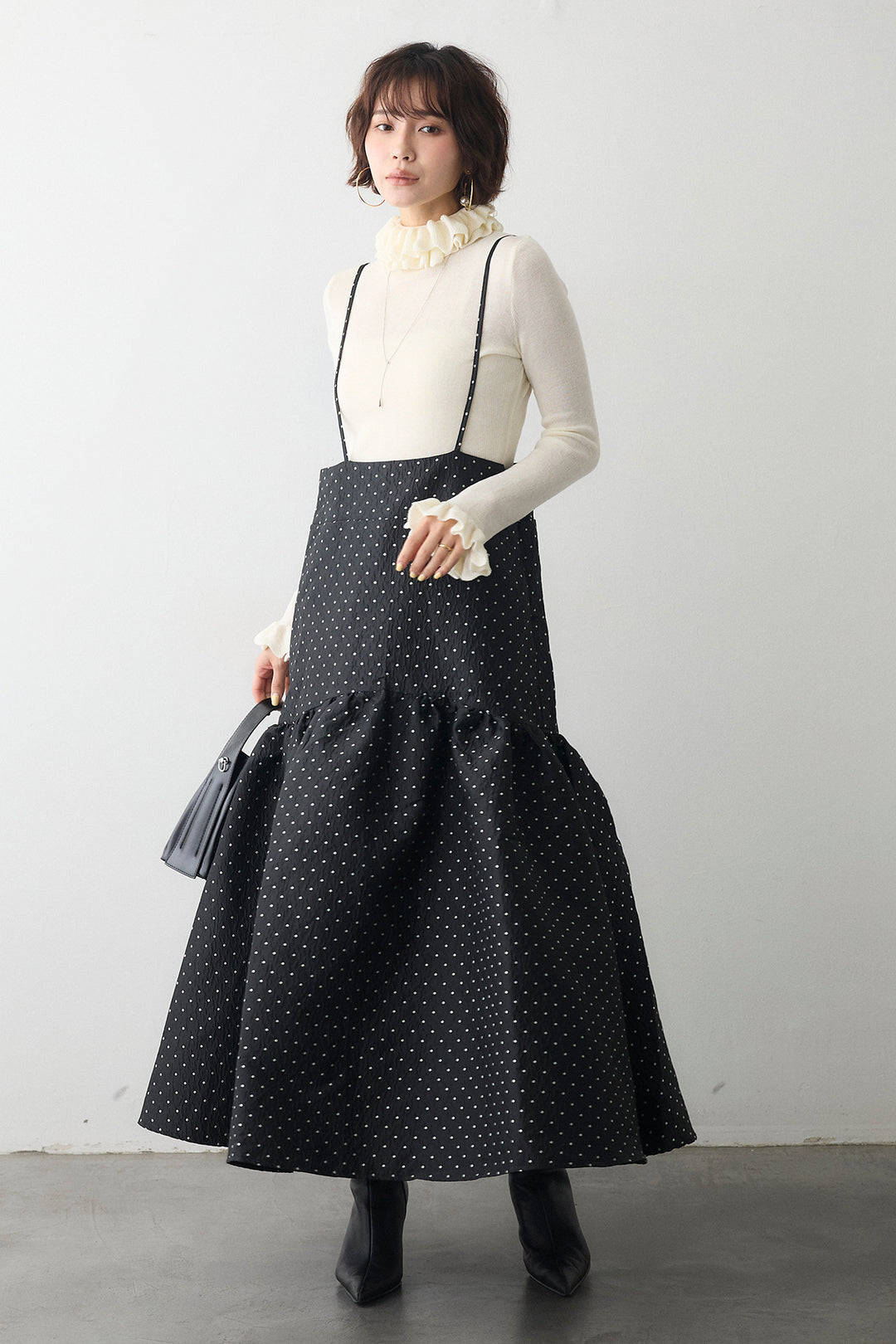 [予約/SET]ダブルフリルカラーニットプルオーバー+ドットジャガードギャザーフレアスカート(2set)