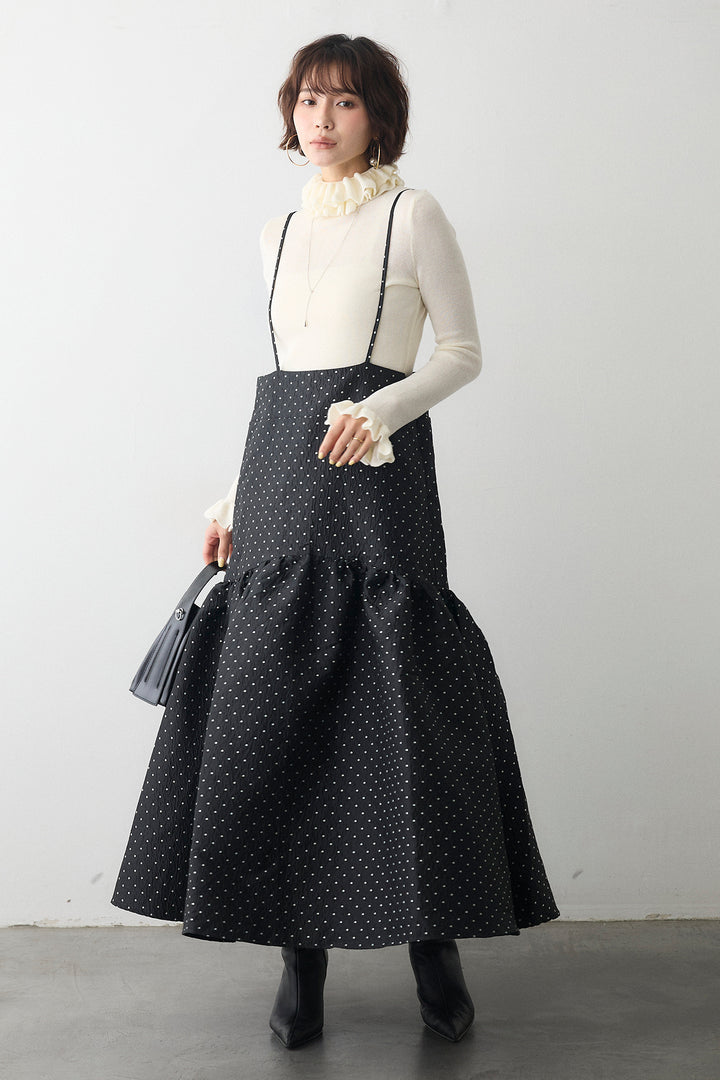 [予約/SET]ダブルフリルカラーニットプルオーバー+ドットジャガードギャザーフレアスカート(2set)