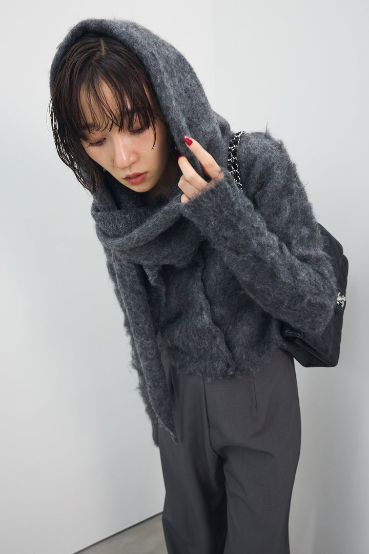[予約/SET]モヘアタッチクロップドニットカーデ+モヘアタッチトライアングルスカーフ+バックリボンストレートパンツ(3set)