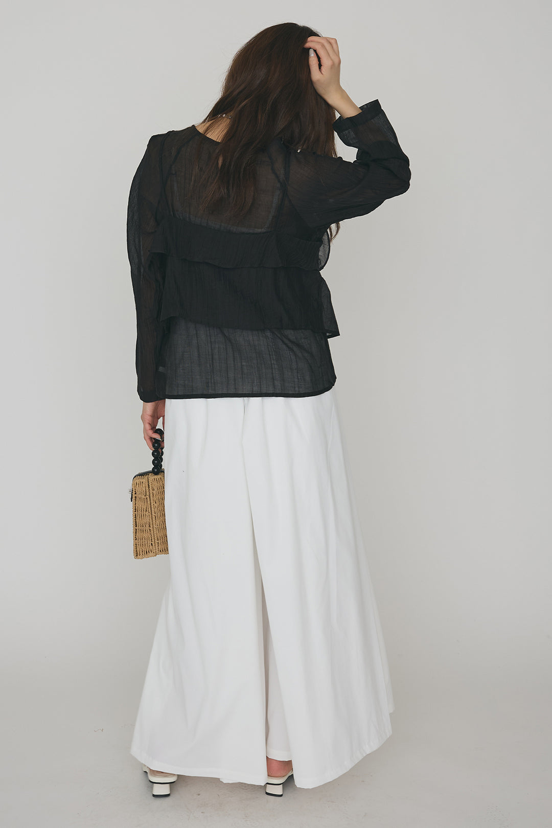 [予約/SET]ドレープフリルシアーレーヤードトップス+フロントサイドタックワイドパンツ(2set)