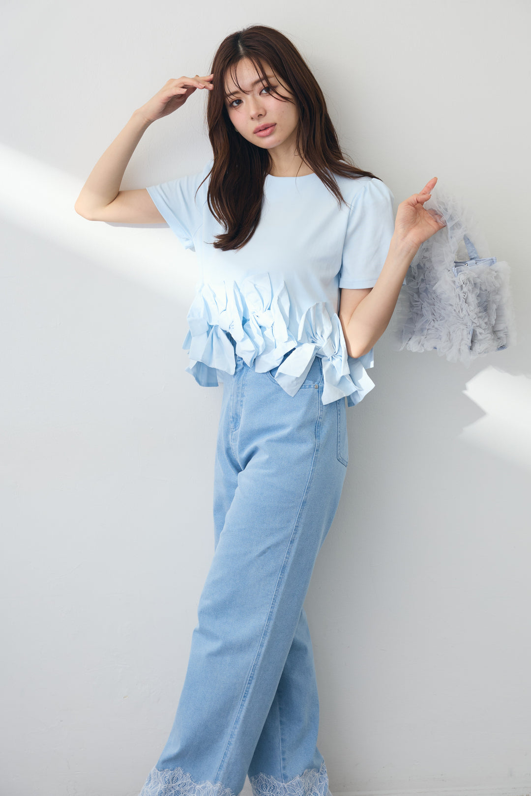 [予約/SET]リボンヘムデザインTシャツ+【接触冷感】ヘムレースデニムパンツ(2set)