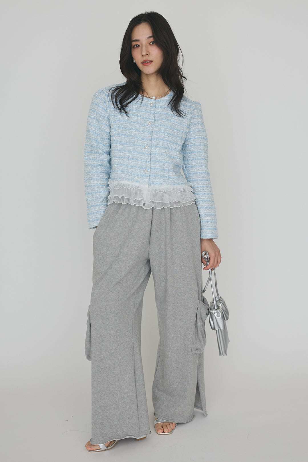 [予約/SET]プリーツフリルヘムライトツイードジャケット+ライトスウェットサイドリボンパンツ(2set)