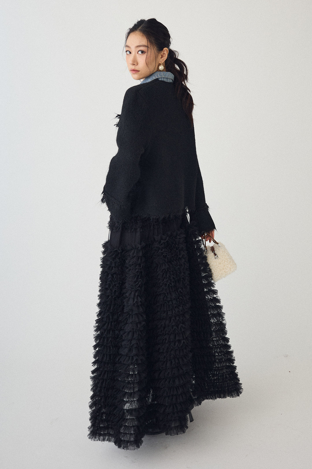 [予約/SET]デニムシャツドッキングツイードカーデ+ホイップチュールティアードスカート(2set)