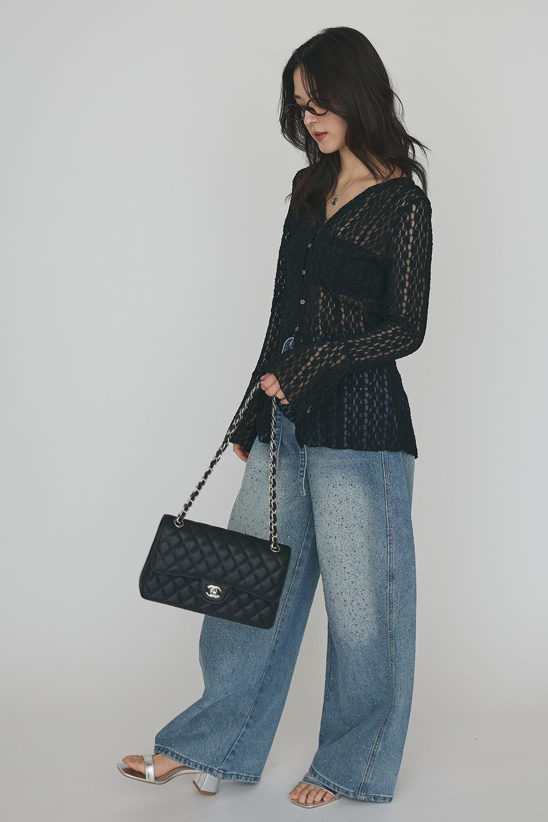 [予約/SET]カットレースフラワーVネックカーデ+ラインストーン美ラインデニム(2set)