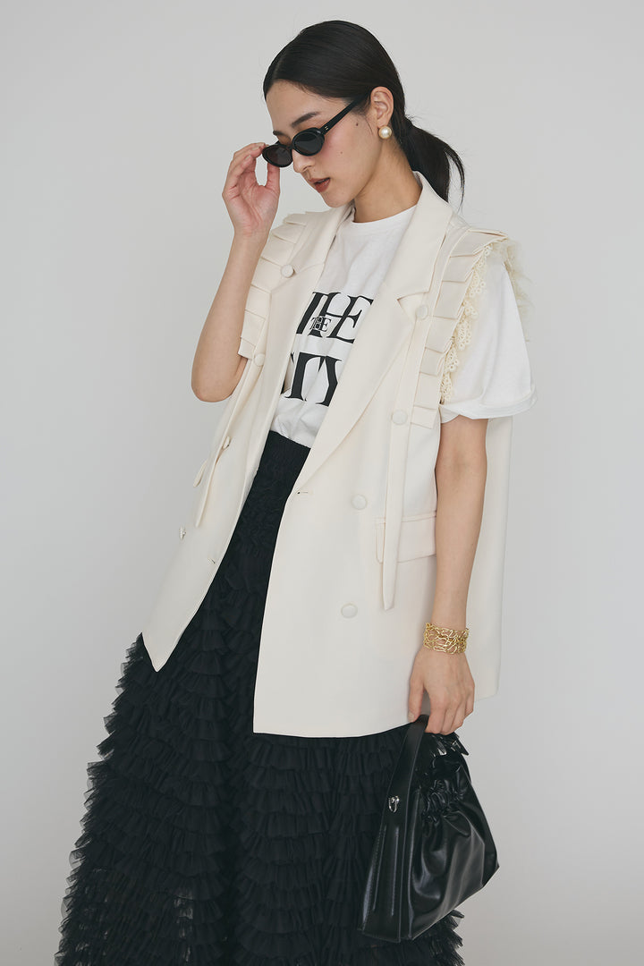 [予約/SET]ThecityロゴTシャツ+フリルショルダーテーラーマニッシュベスト+ホイップチュールティアードスカート(3set)