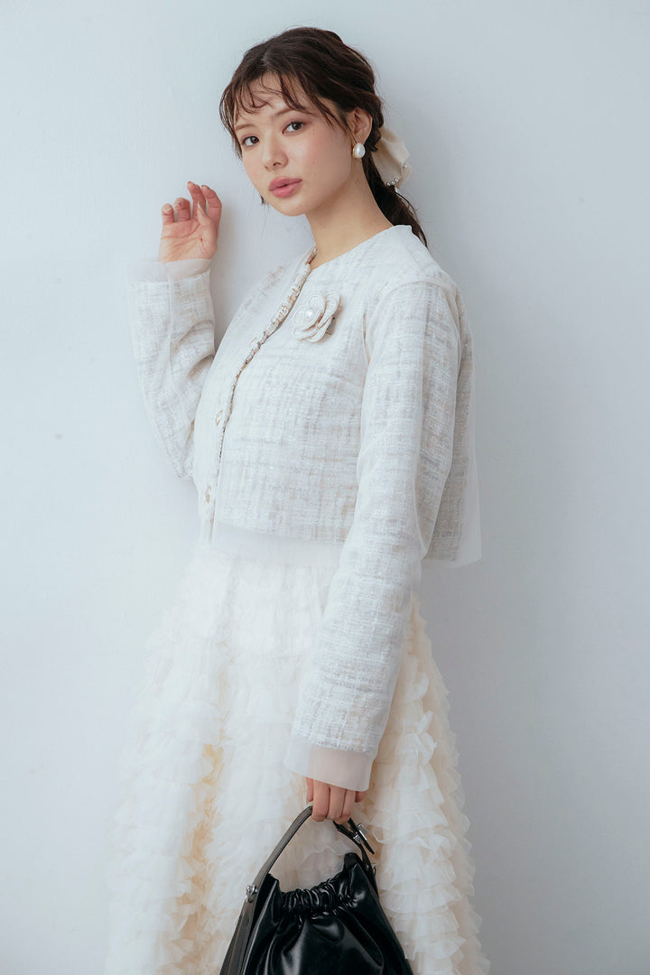 [予約/SET]ツイード×チュールレイヤードクロップドジャケット+ホイップチュールティアードスカート(2set)