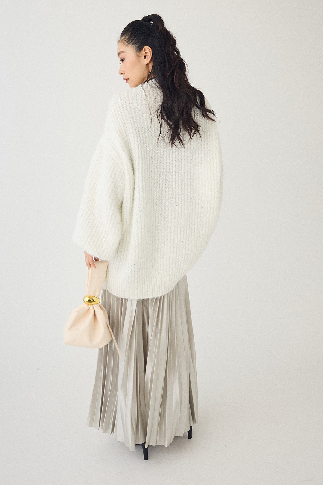 [予約/SET]ビーズフラワースパンコールシャイニーニットカーデ+シャイニープリーツサテンスカート(2set)