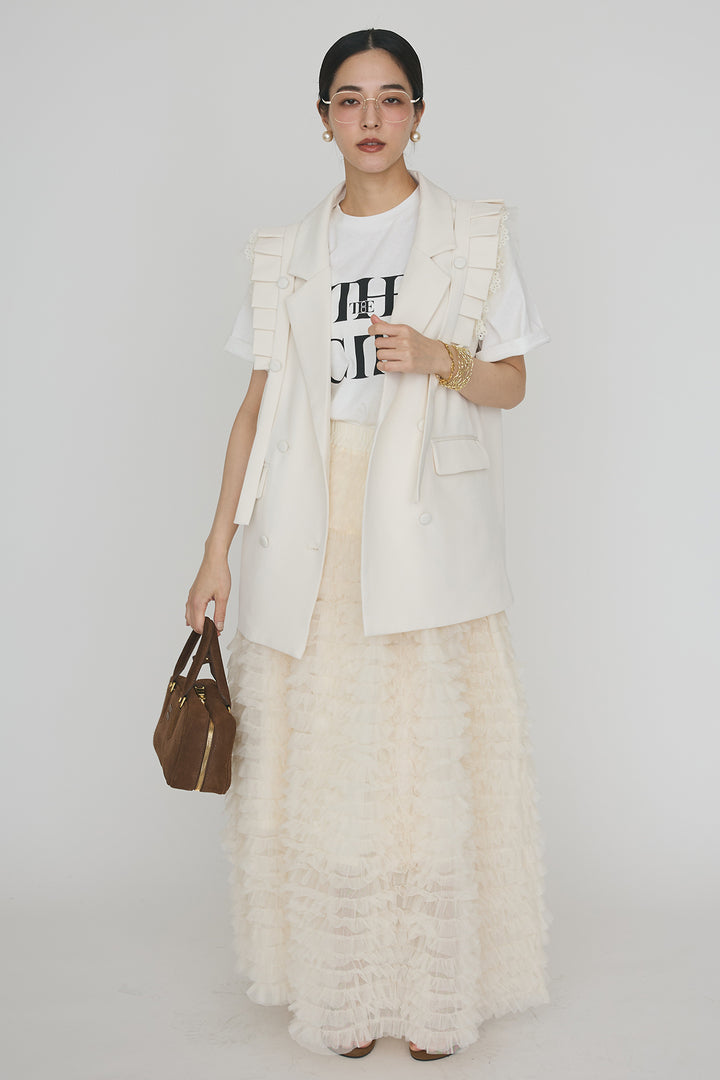 [予約/SET]フリルショルダーテーラーマニッシュベスト+ホイップチュールティアードスカート(2set)