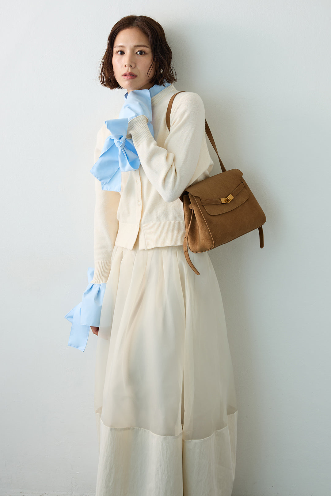 [予約/SET]BIGリボンカフスデザインニットドッキングカーデ+オーガンジー×タフタコクーンスカート(2set)