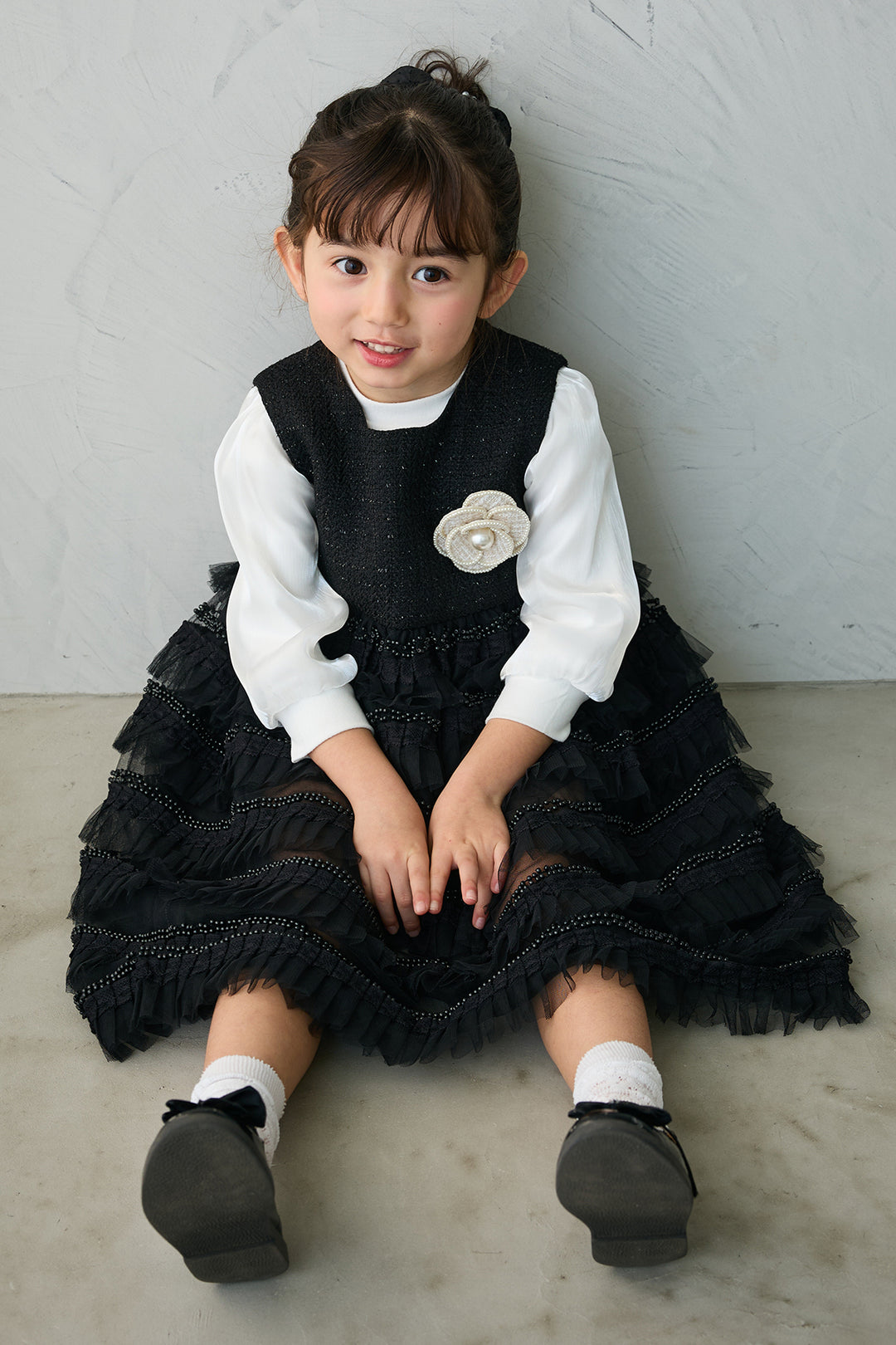 [予約/親子SET][kids]ティアードプリーツパールワンピセット+ツイード×チュールレイヤードクロップドジャケット+ホイップチュールティアードスカート(3set)