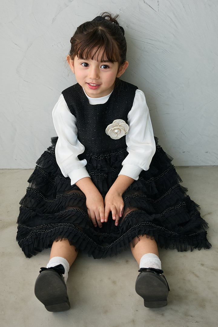 [予約/親子SET][kids]ティアードプリーツパールワンピセット+ツイード×チュールレイヤードクロップドジャケット+ホイップチュールティアードスカート(3set)