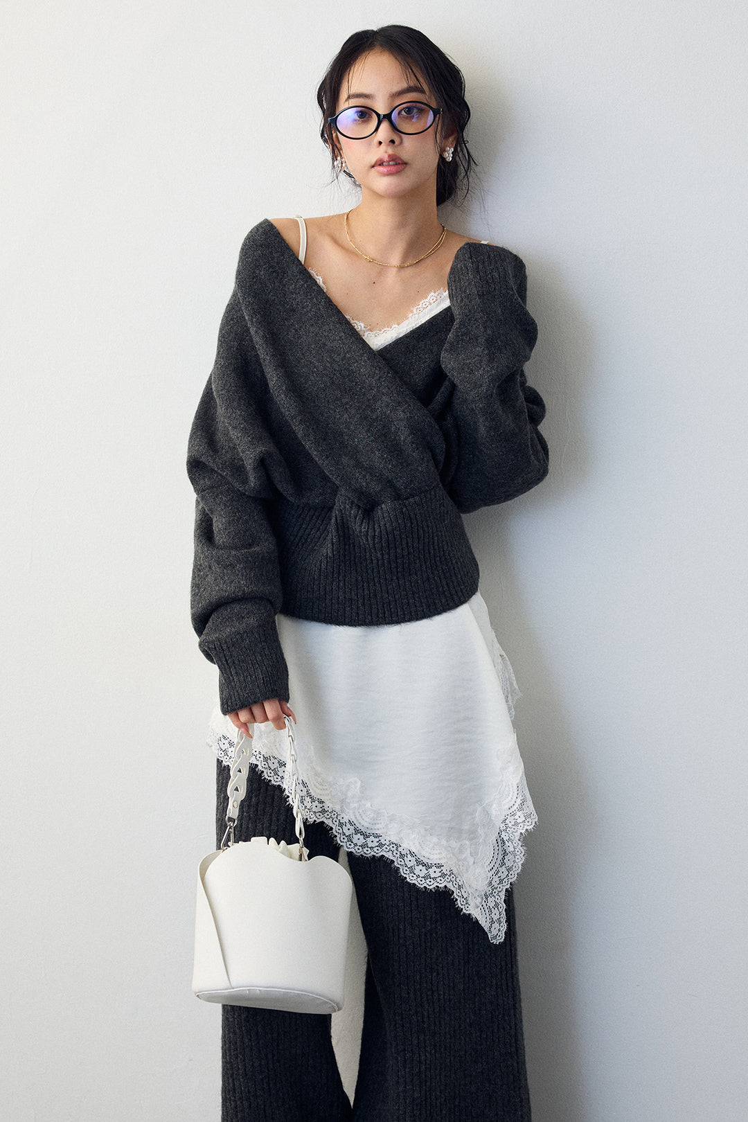 [予約/SET]カシュクール美ラインニットセットアップ+サテンレースアシメキャミ(2set)