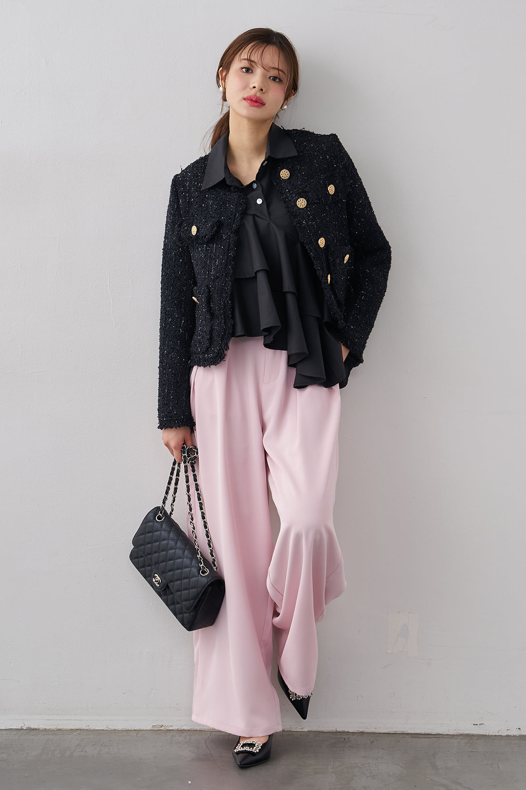 [予約/SET]フリンジツイードゴールドボタンジャケット+エステルツイルタックワイドカラーパンツ(2set)