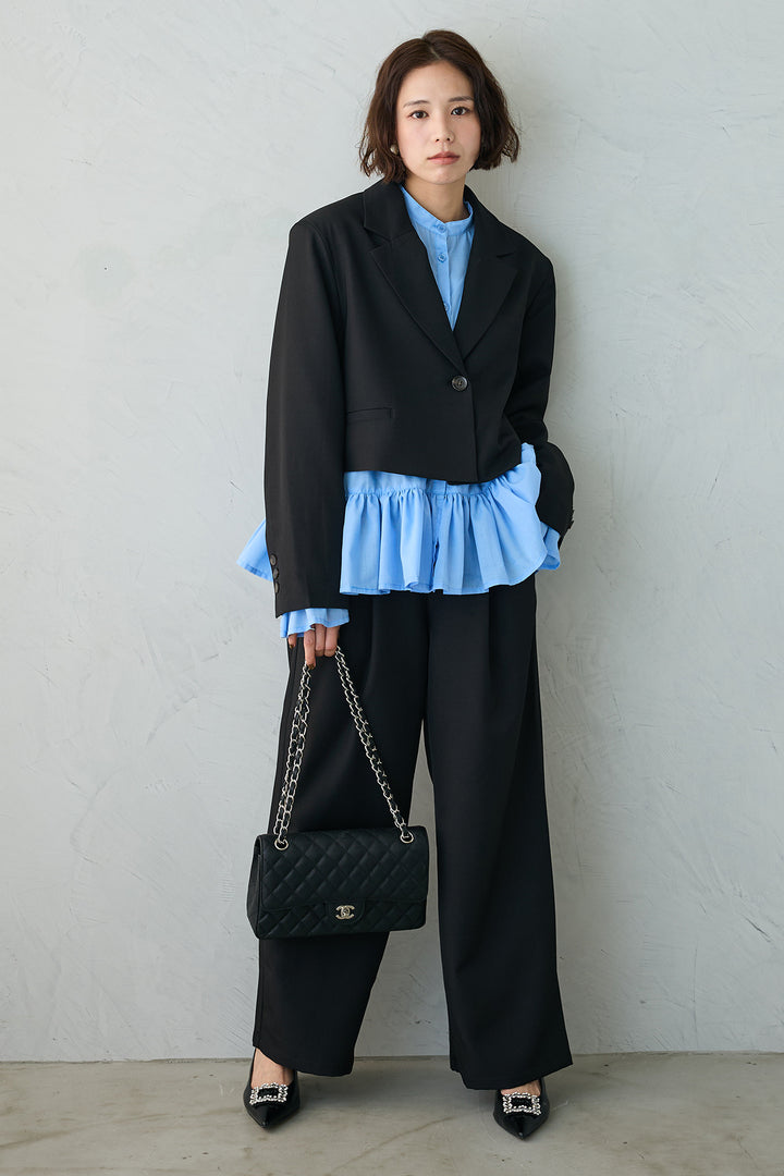 [予約/SET]フリルヘムスリーブブラウス+クロップドマニッシュシンプルジャケット+ツイルシンプルストレートパンツ(3set)