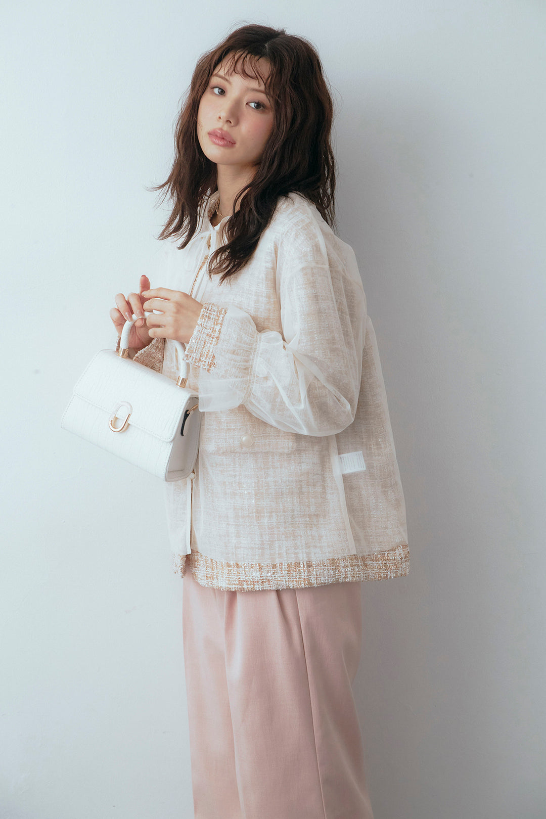 [予約/SET]2wayチュールレイヤードツイードジャケット+スプリングカラータックストレートパンツ(2set)