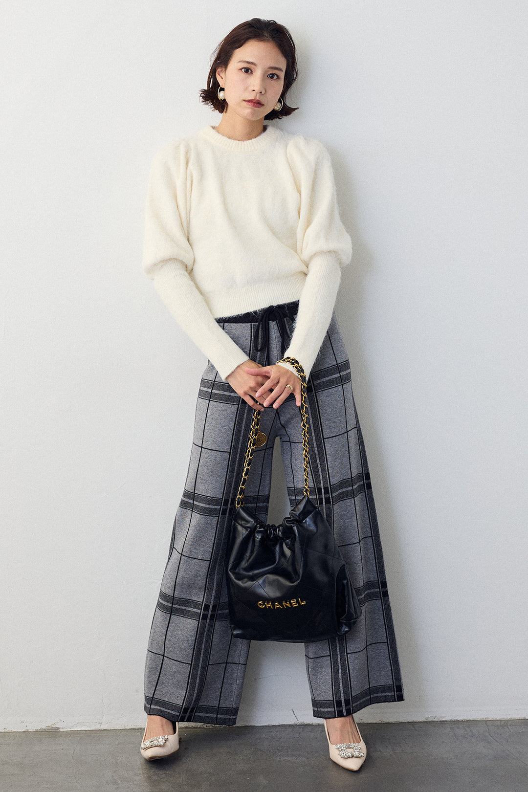 [予約/SET]モヘアパフスリーブプルオーバー+チェック柄ニットストレートパンツ(2set)