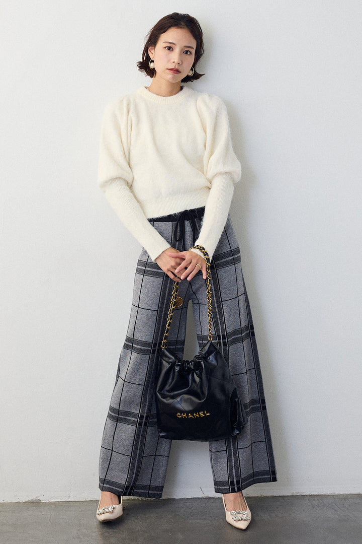 [予約/SET]モヘアパフスリーブプルオーバー+チェック柄ニットストレートパンツ(2set)