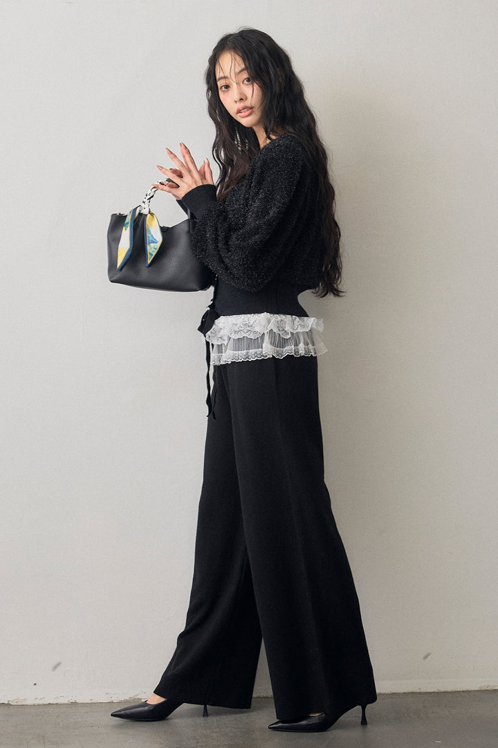 [予約/SET]コンシャスショルダーシャイニーニットカーデ+ウエストレースニットストレートパンツ(2set)