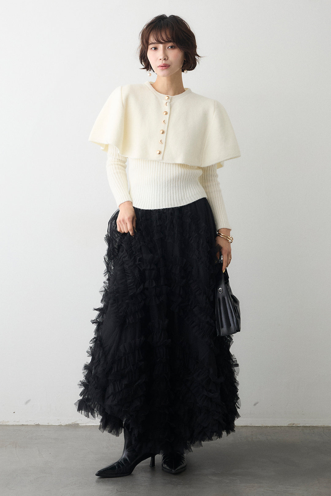 [予約/SET]ミックス釦ケープ2wayニット+スフレアシメチュールスカート(2set)