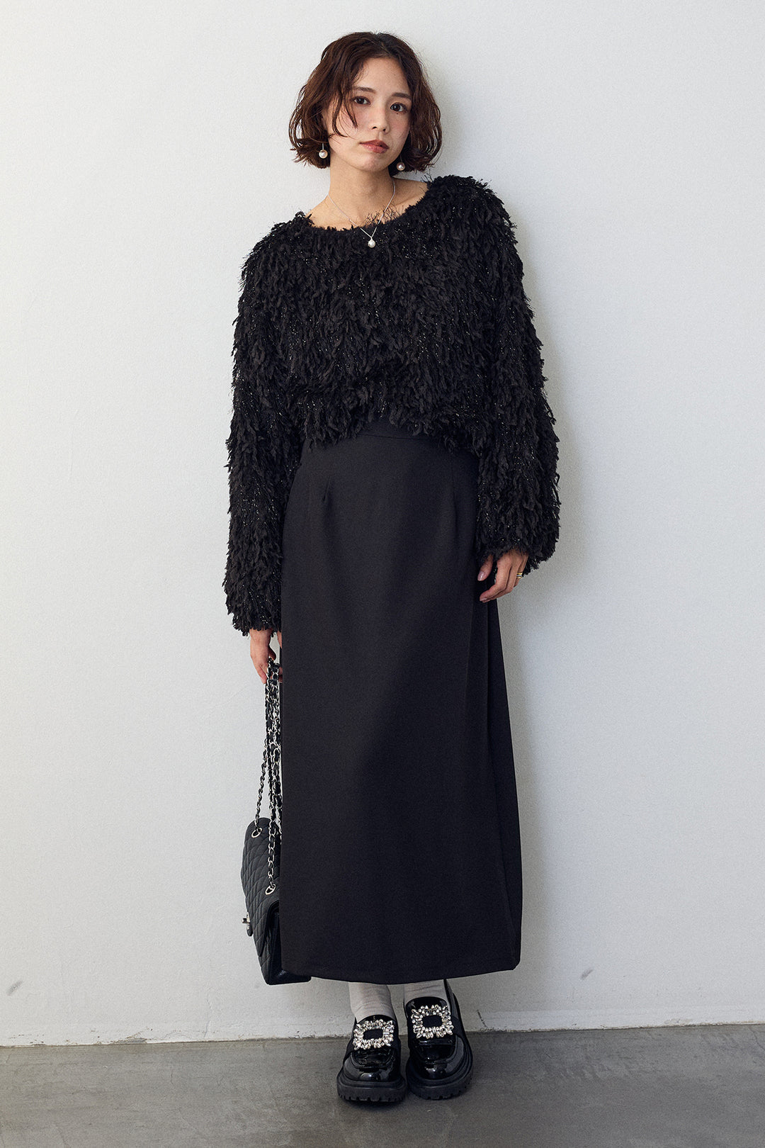 [予約/SET]フリンジラメシャギーニットプルオーバー+バックリボンセミフレアスカート(2set)