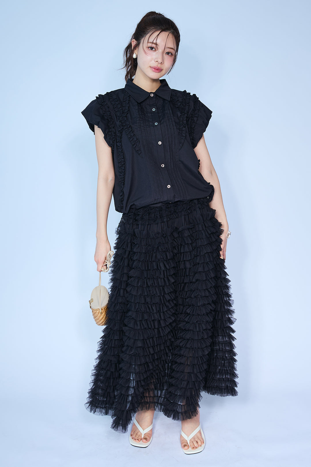 [予約/SET]ミックスフリルピンタックサイドドロストブラウス+ホイップチュールティアードスカート(2set)