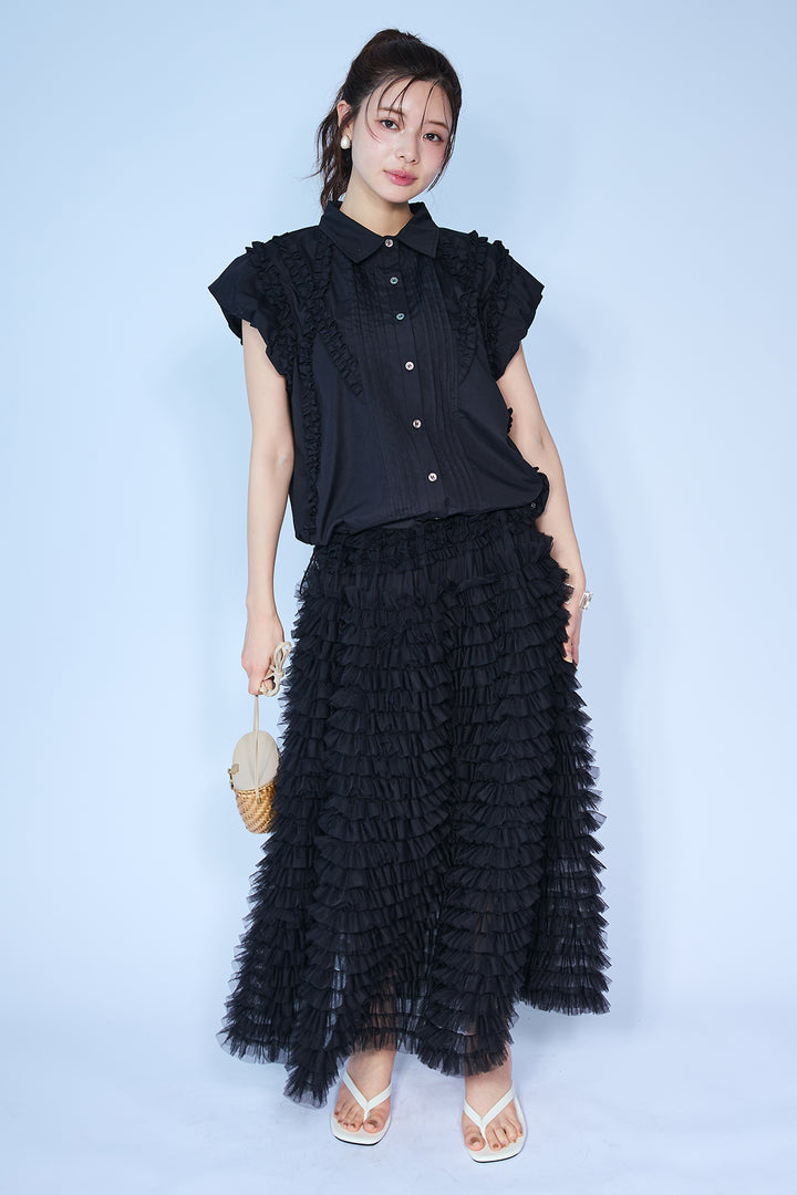 [予約/SET]ミックスフリルピンタックサイドドロストブラウス+ホイップチュールティアードスカート(2set)