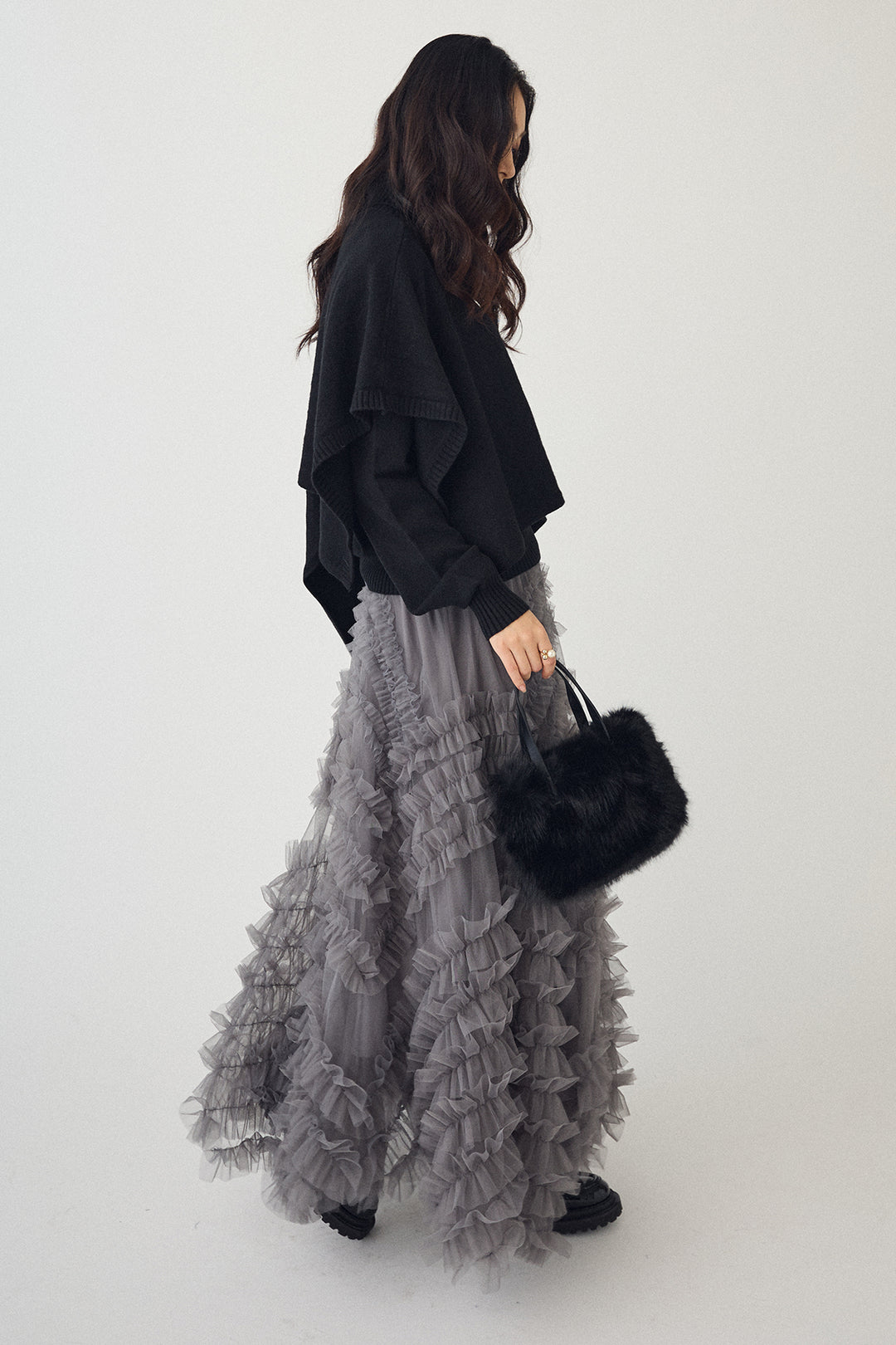 [予約/SET]アシメケープ2wayニット+スフレアシメチュールスカート(2set)