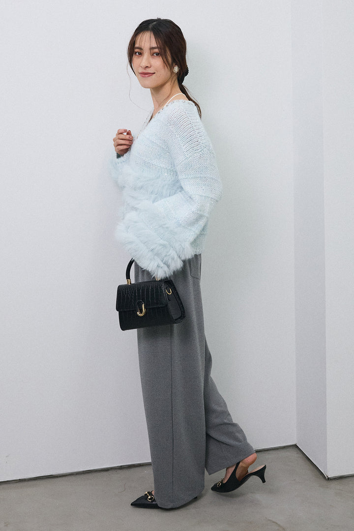 [予約/SET]ネックビジューラインファーニットカーデ+2タック美シルエットパンツ(2set)