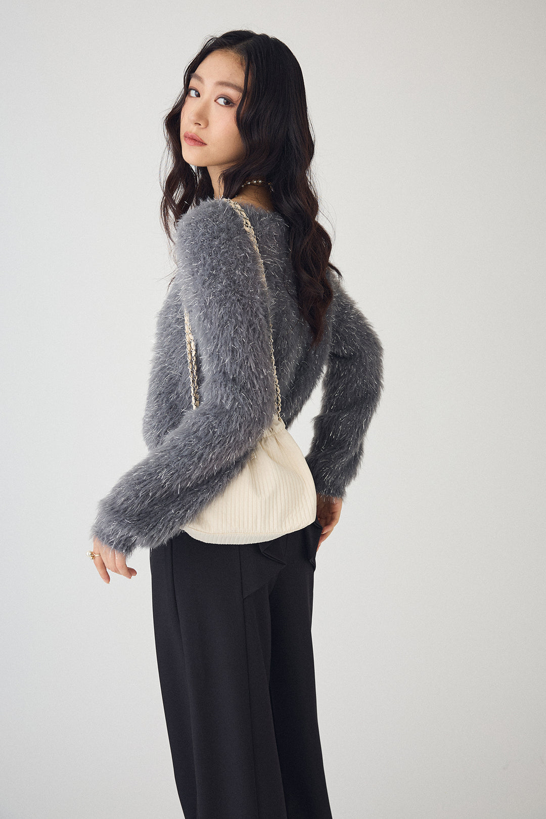 [予約/SET]ゴールドボタンラメシャギーニット+バックリボンストレートパンツ(2set)