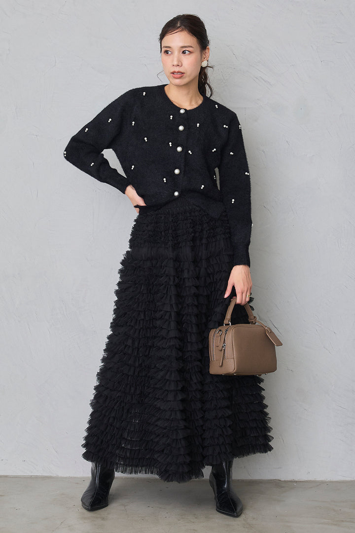 [予約/SET]ミックスパールシャギーコーディガン+ホイップチュールティアードスカート(2set)
