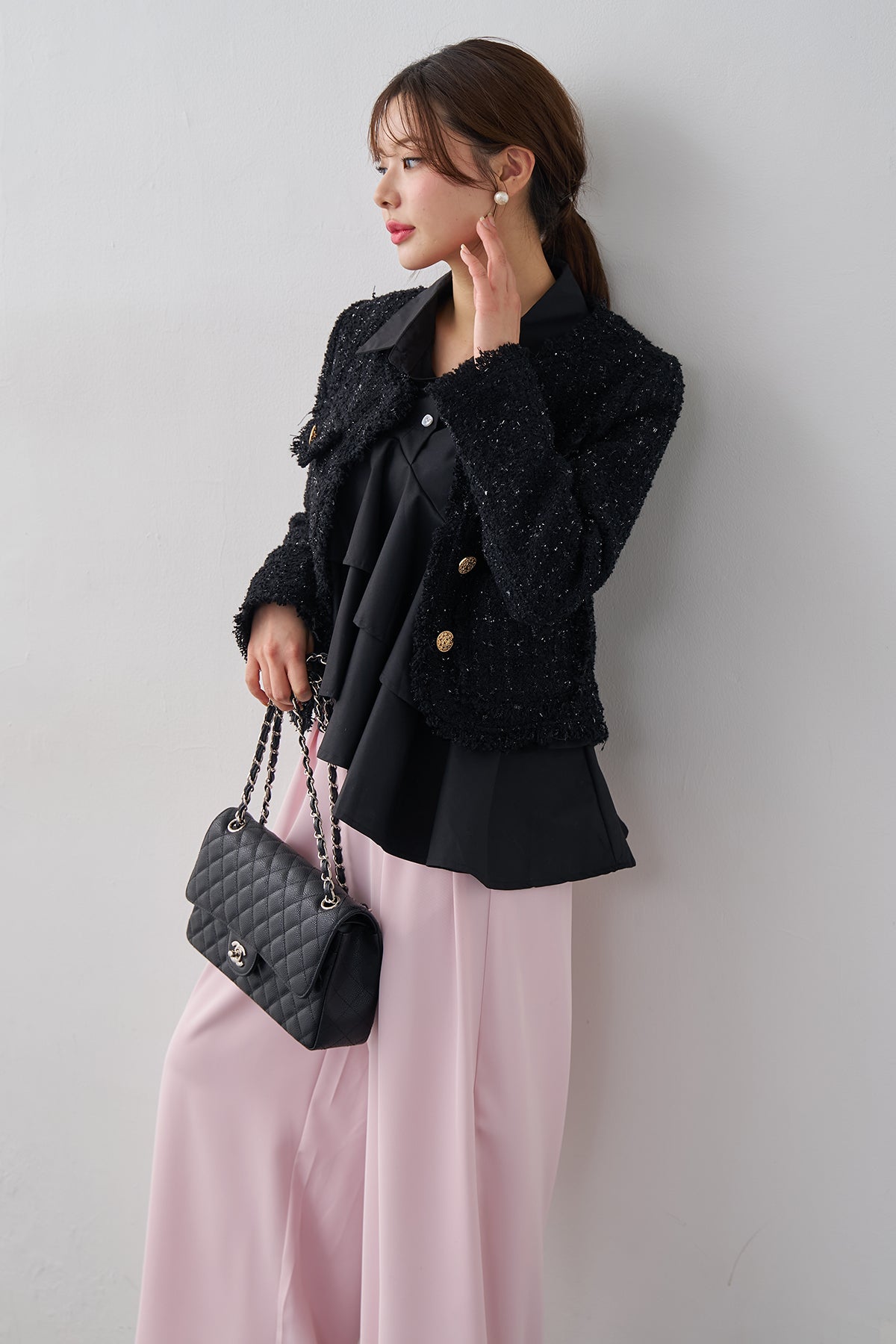 予約/SET]アシメフリルティアードシャツ+フリンジツイードゴールド