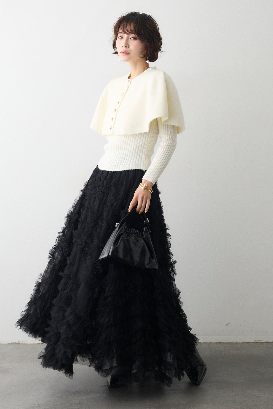 [予約/SET]ミックス釦ケープ2wayニット+スフレアシメチュールスカート(2set)