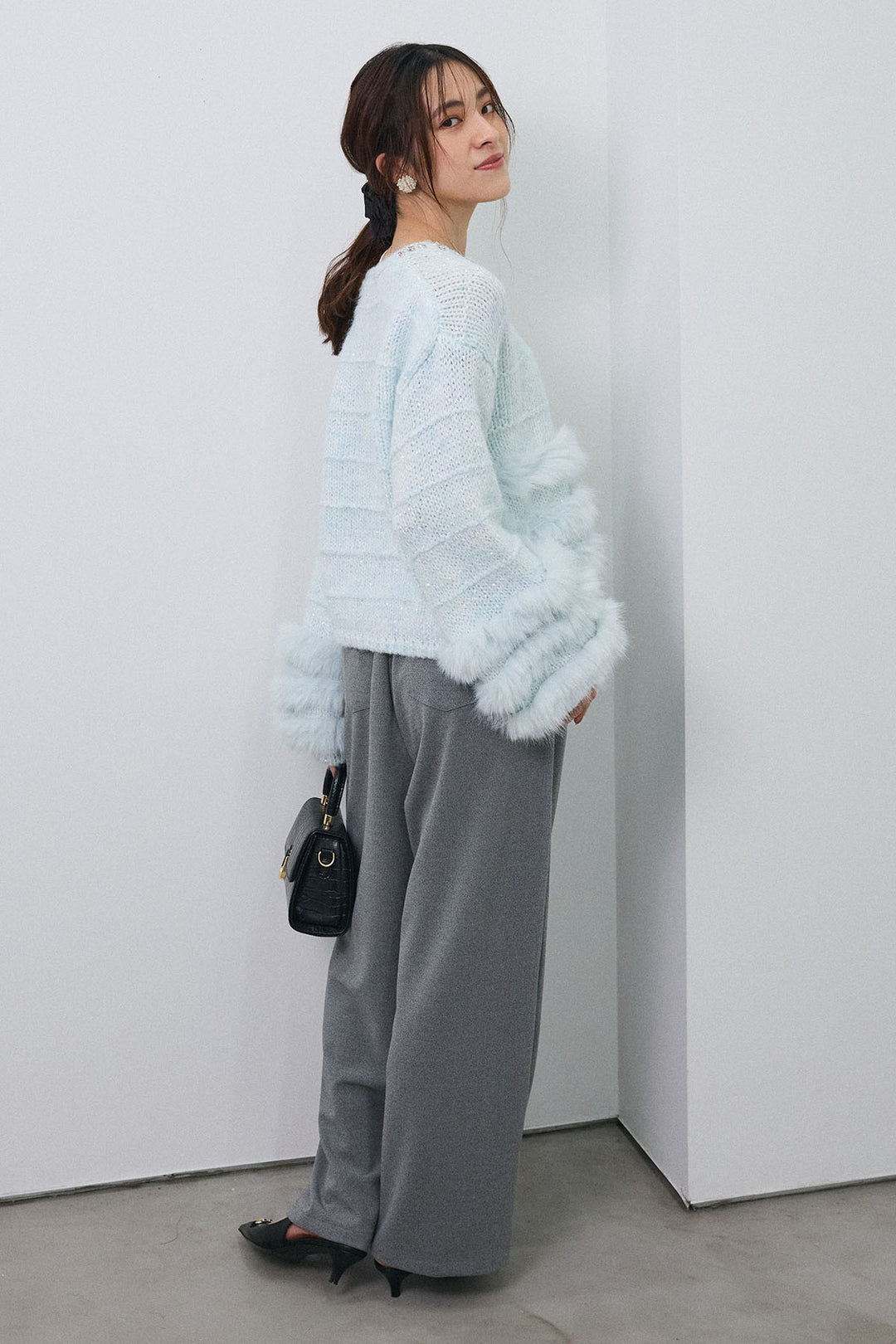 [予約/SET]ネックビジューラインファーニットカーデ+2タック美シルエットパンツ(2set)