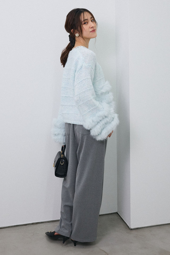 [予約/SET]ネックビジューラインファーニットカーデ+2タック美シルエットパンツ(2set)