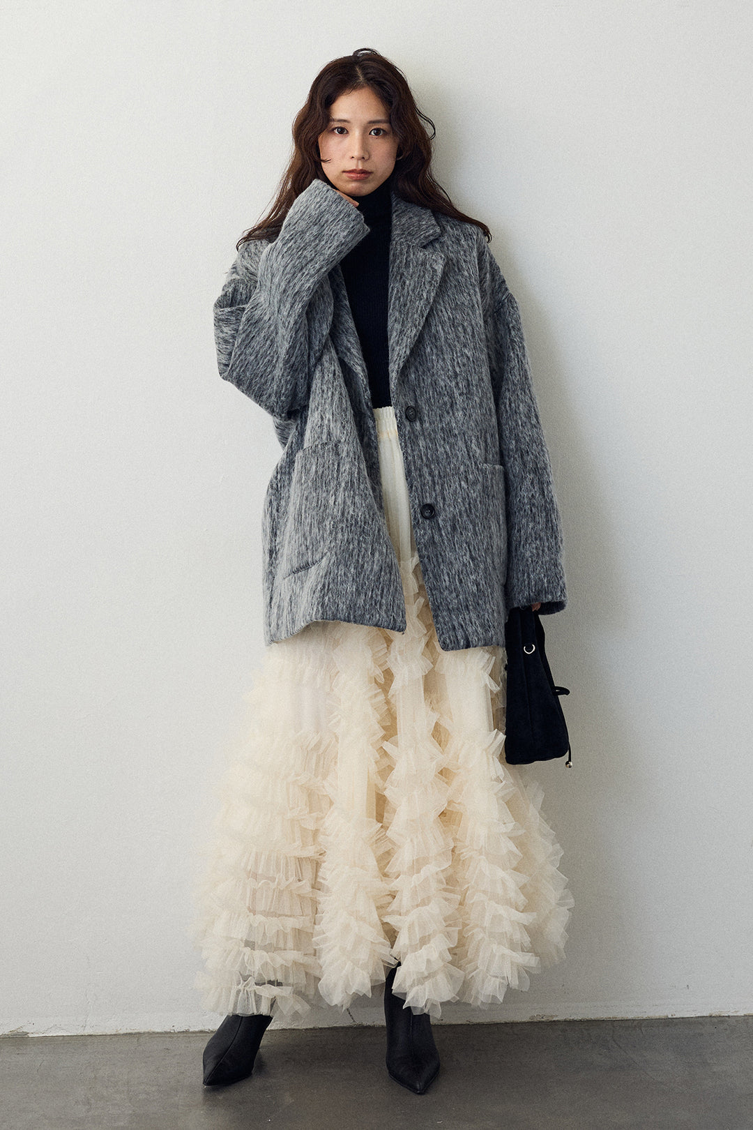 [予約/SET]シャギーミドル丈コート+スフレアシメチュールスカート(2set)