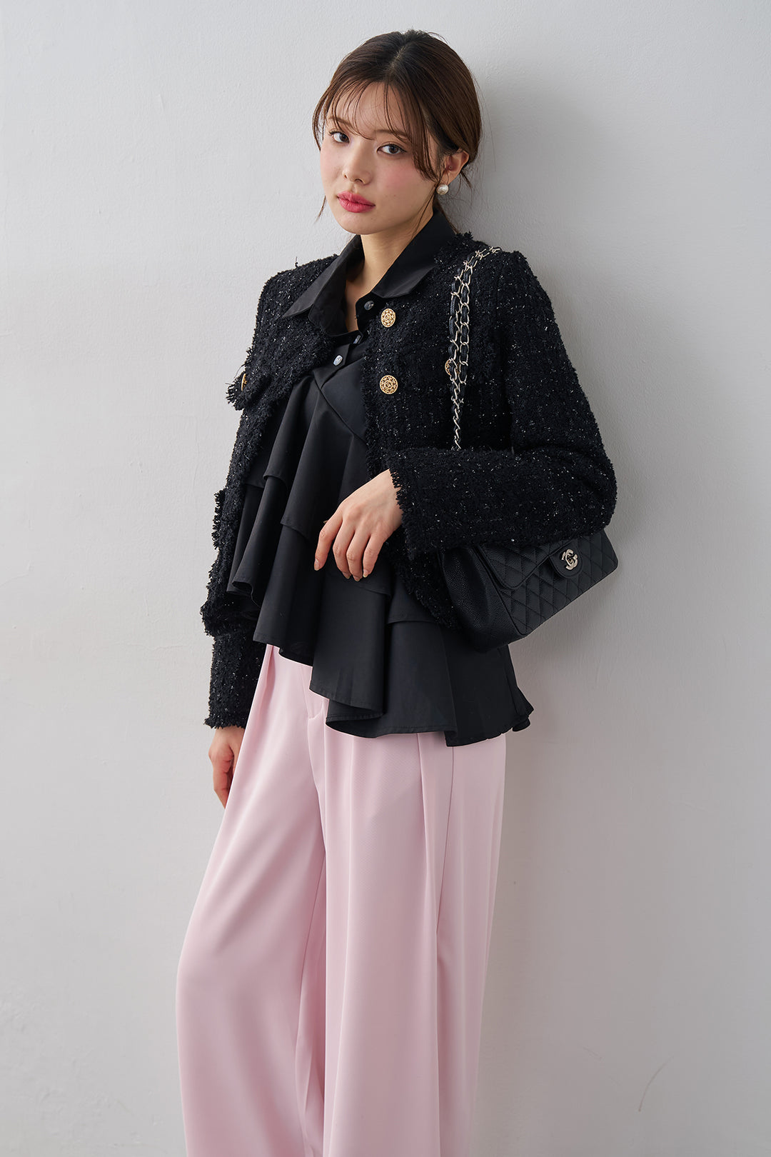 [予約/SET]フリンジツイードゴールドボタンジャケット+エステルツイルタックワイドカラーパンツ(2set)