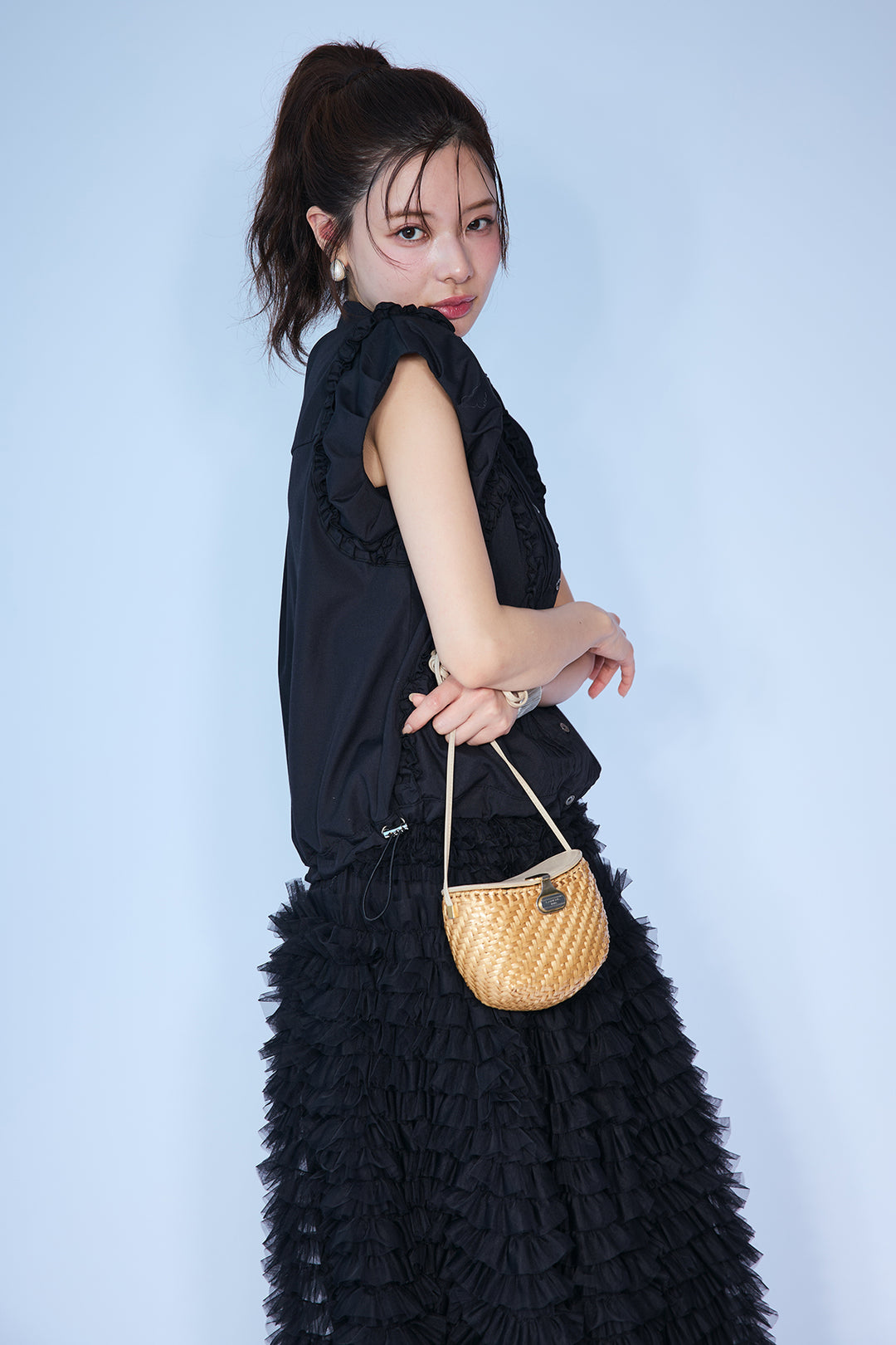 [予約/SET]ミックスフリルピンタックサイドドロストブラウス+ホイップチュールティアードスカート(2set)