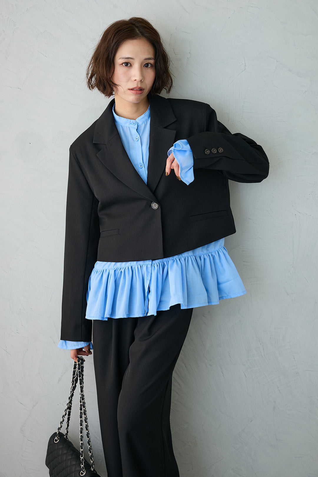 [予約/SET]フリルヘムスリーブブラウス+クロップドマニッシュシンプルジャケット+ツイルシンプルストレートパンツ(3set)